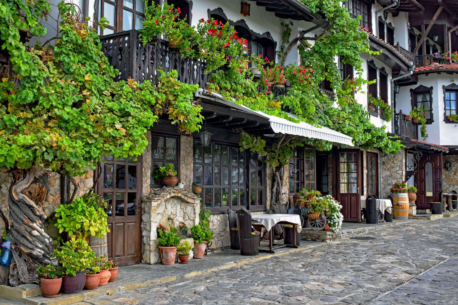 The wooden interior of a traditional Bulgarian mehana tavern