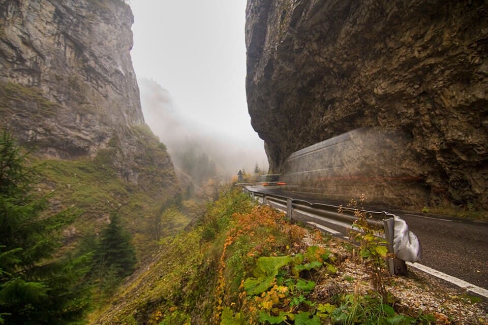 The sheer marble walls of the Trigrad Gorge