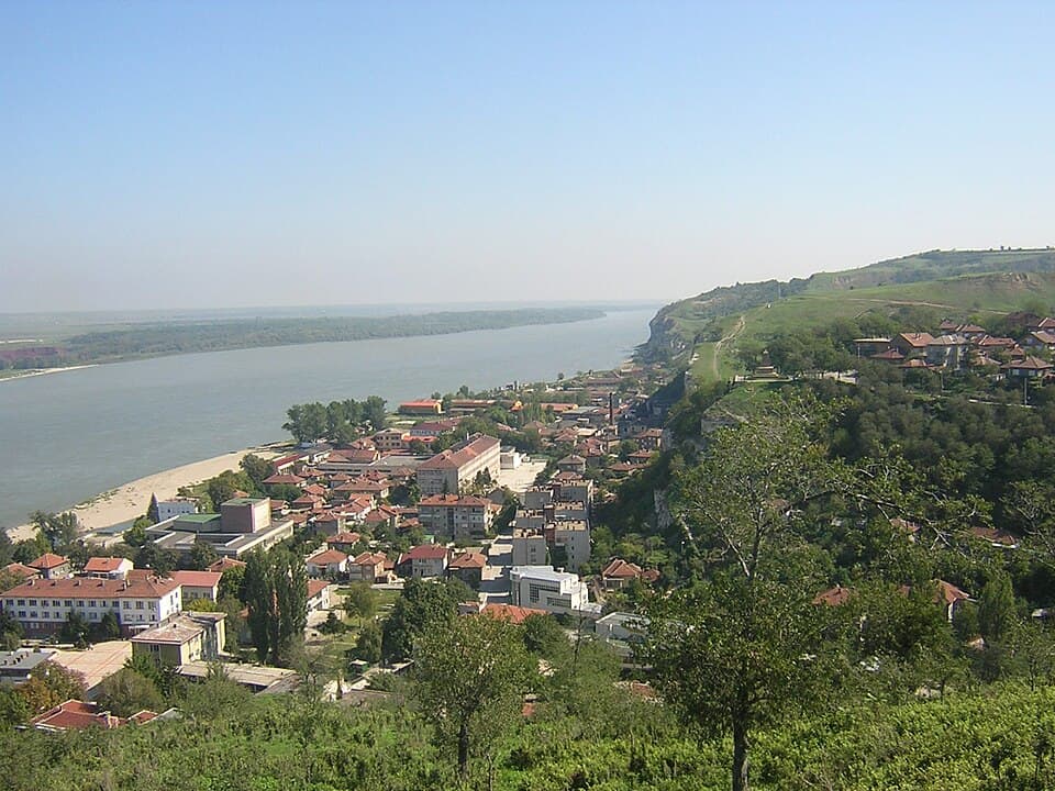 Nikopol terraced below the cliffs on the Danube bank, seen from the high ground above the town