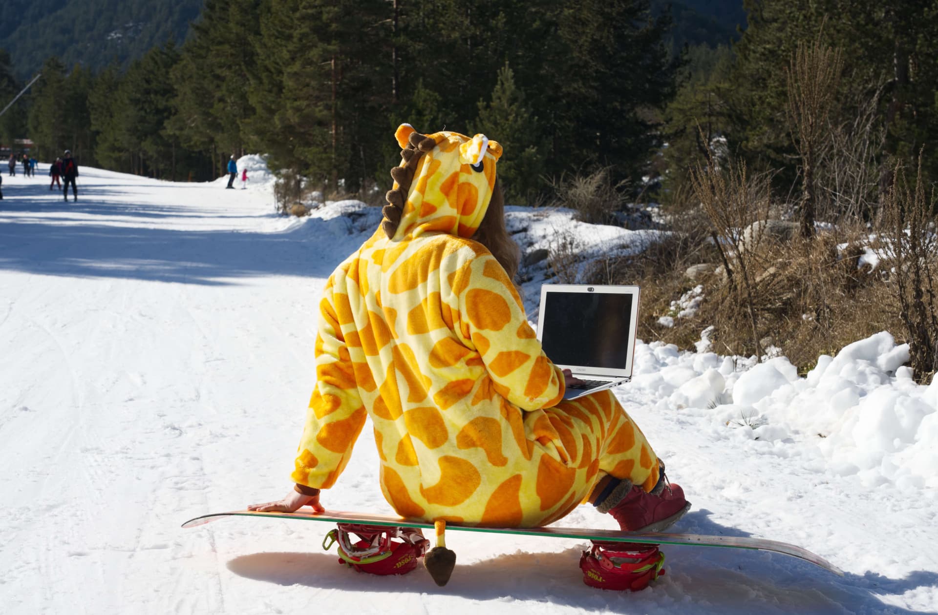 A snowboarder on the slopes above Bansko, where remote workers ski between working days