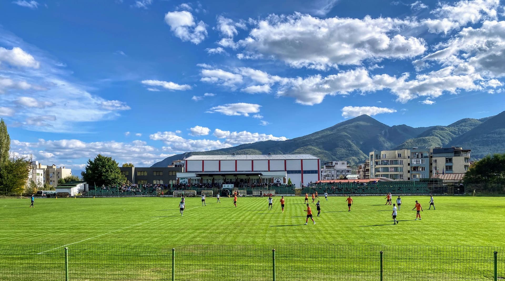 The town stadium in Gotse Delchev with the Pirin ridge rising behind it