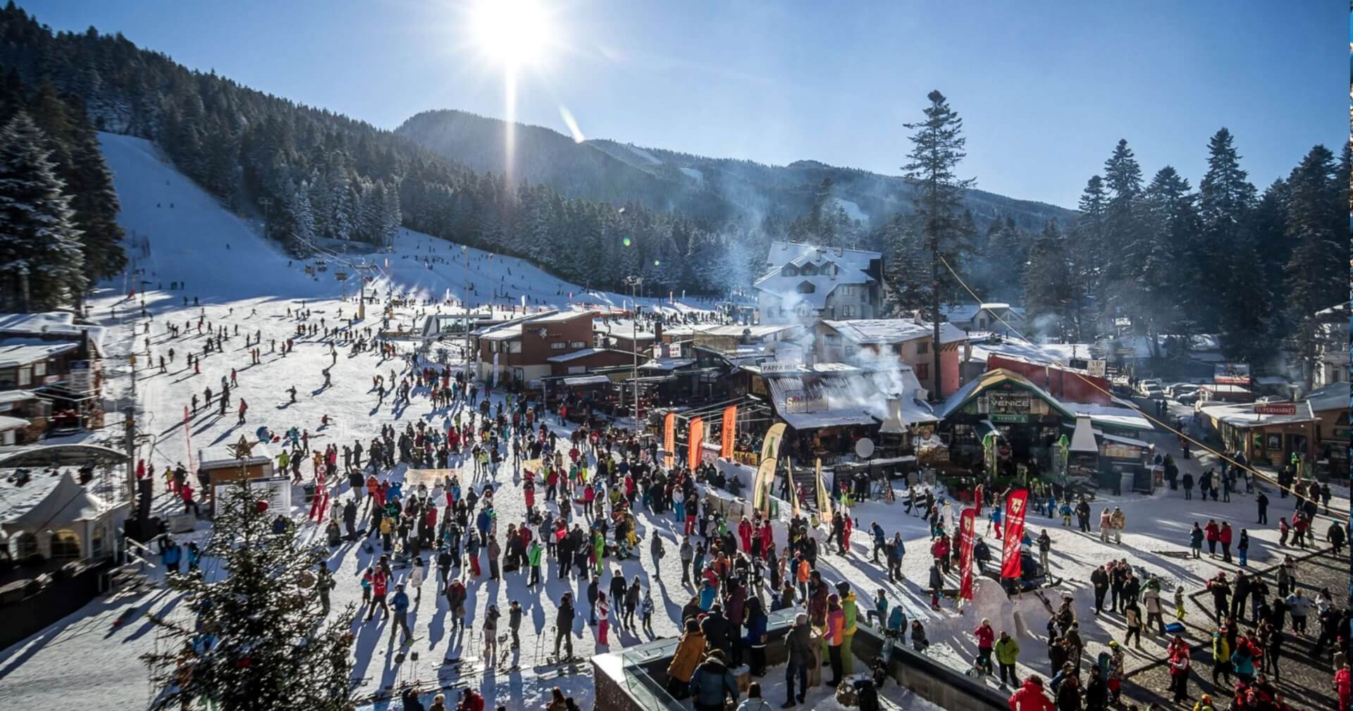 Snowy pine-lined ski slopes at Martinovi Baraki in Borovets