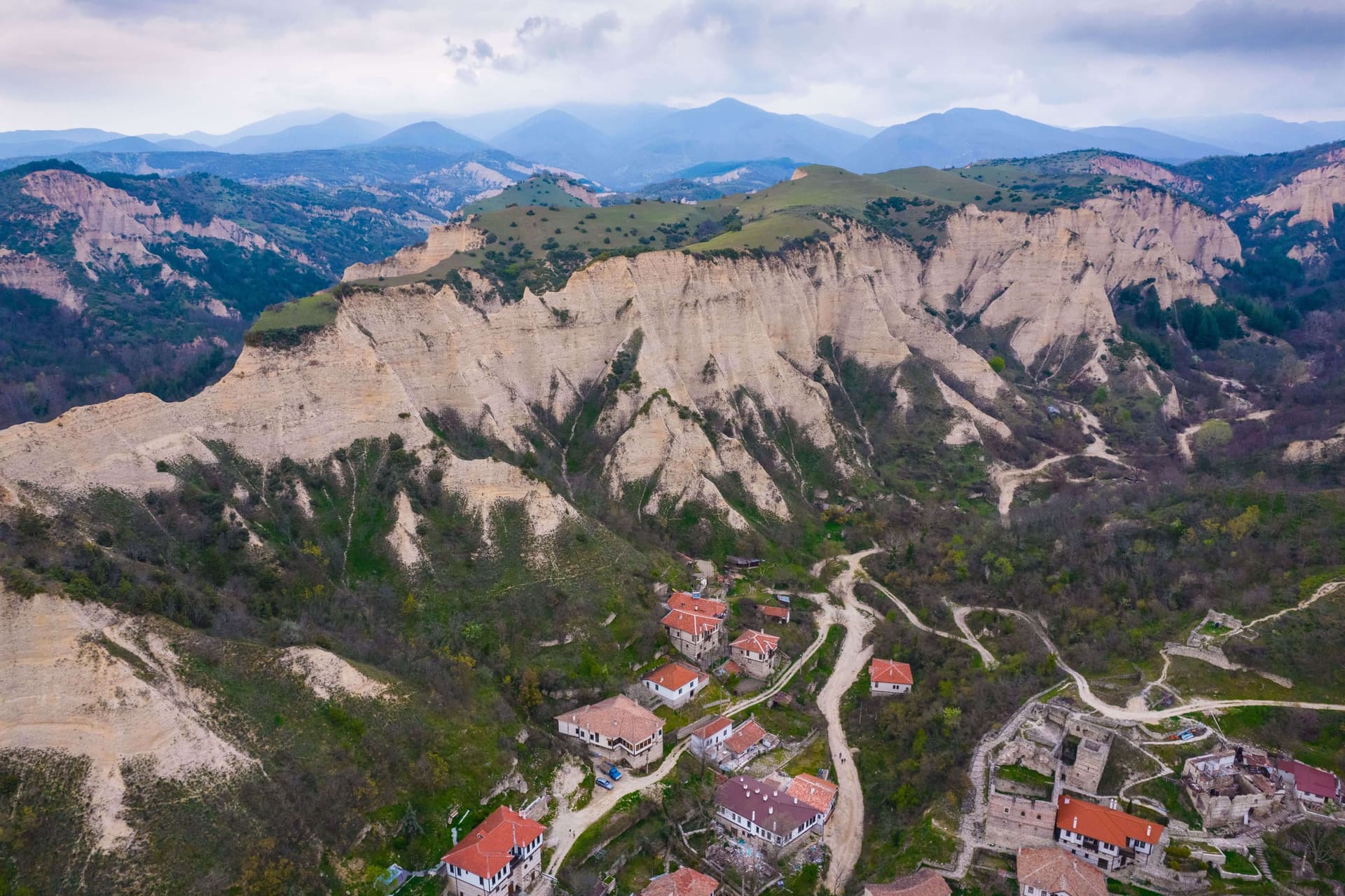 Aerial view of Melnik among the sandstone pyramids