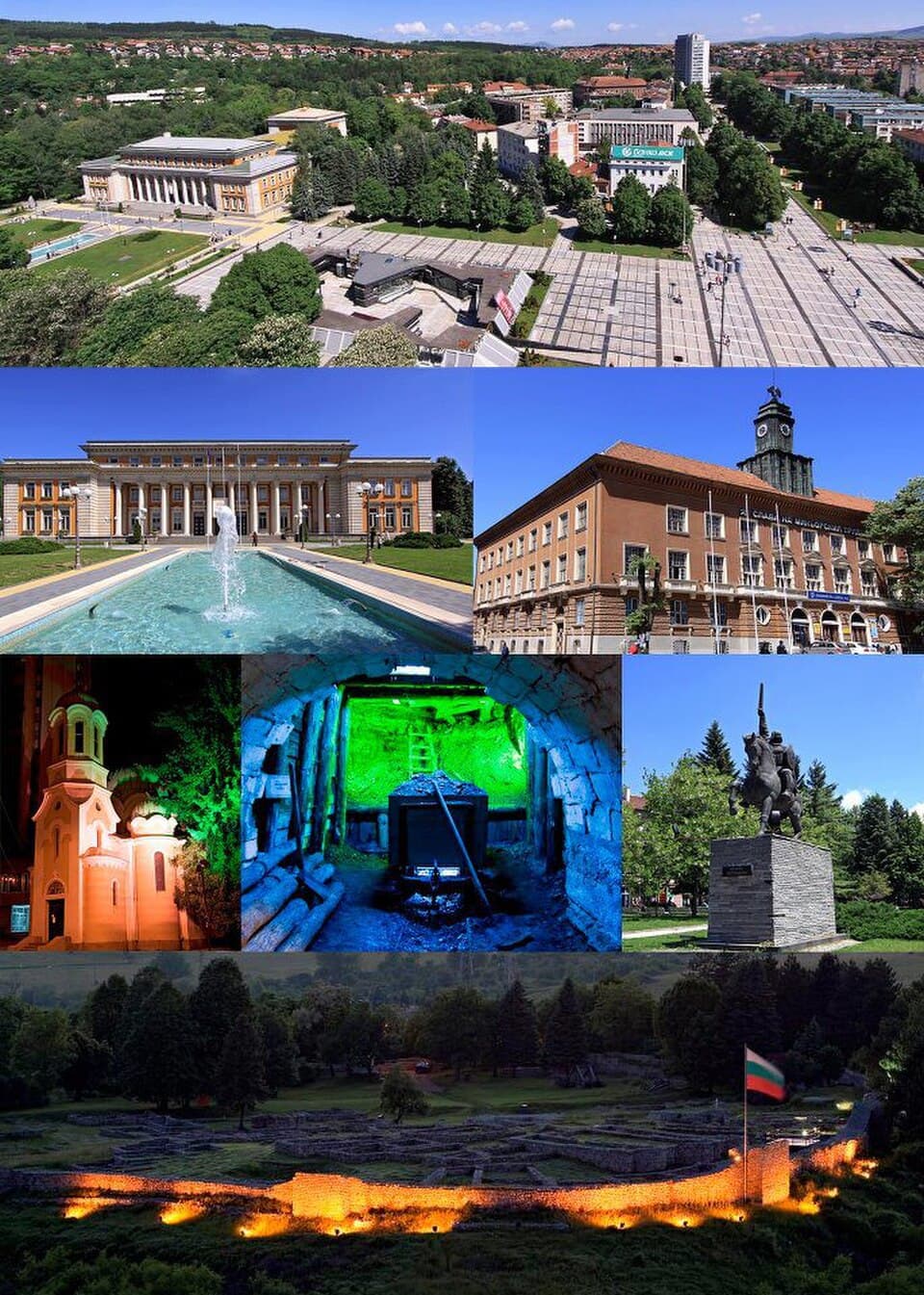 A montage of Pernik: the central square and Palace of Culture, the municipality clock tower, a floodlit church, a gallery inside the underground mining museum, the equestrian monument, and Krakra Fortress lit up at night