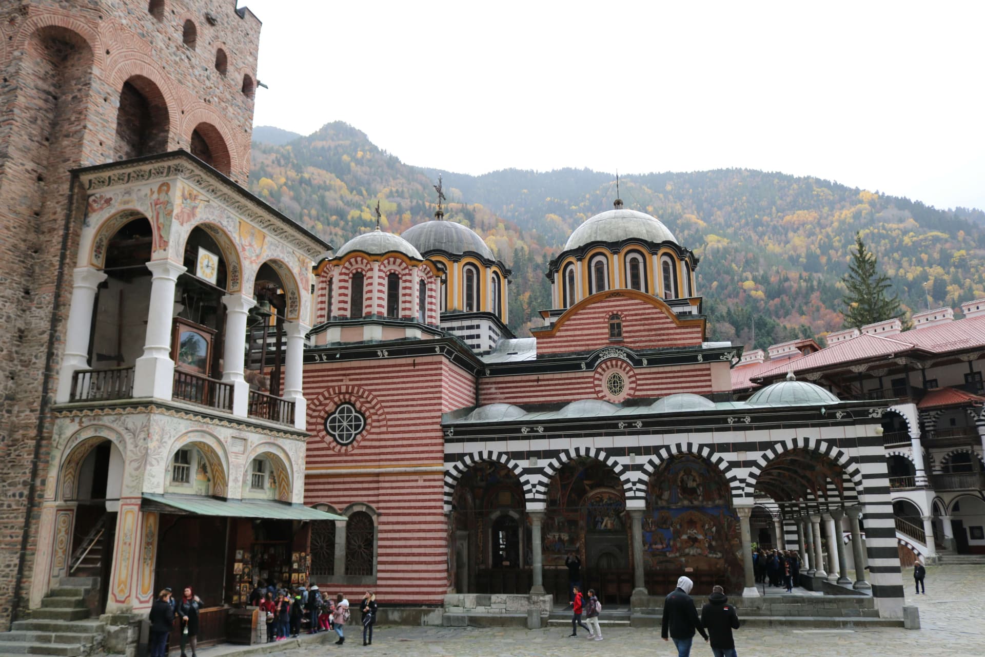 The striped arcades and domes of Rila Monastery