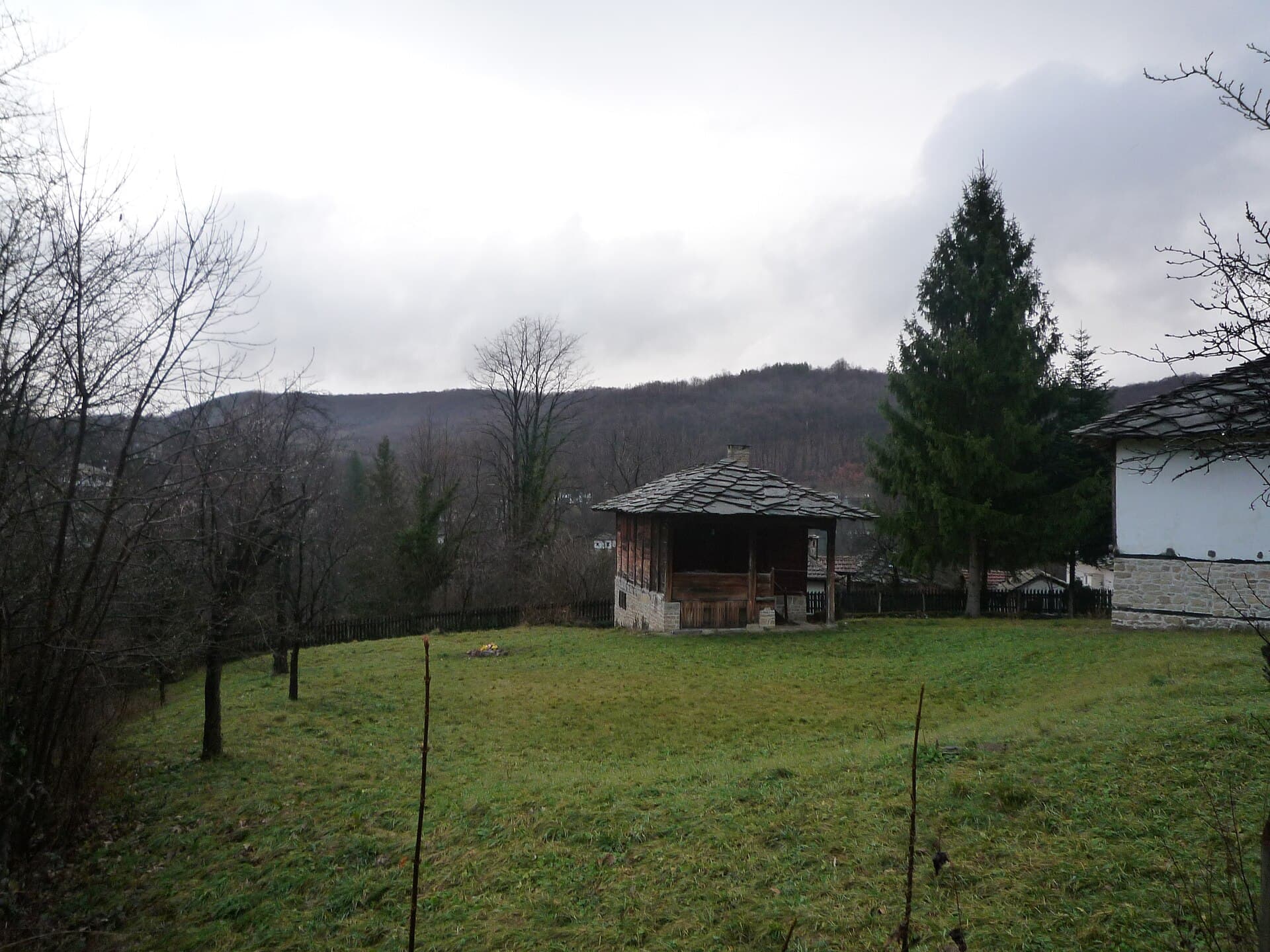 Panoramic view of National Revival stone-roofed houses in the historic village of Bozhentsi