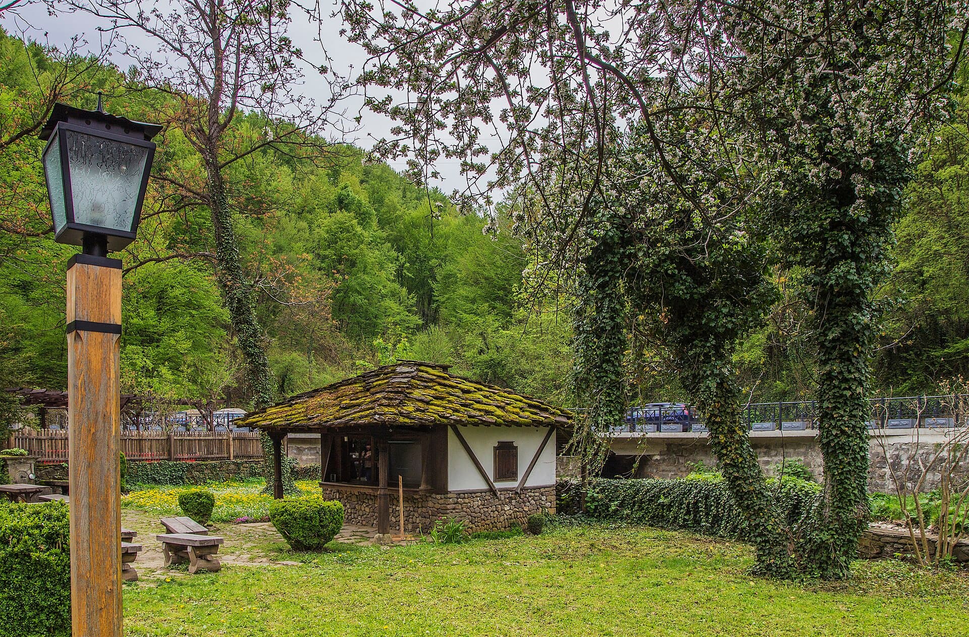 Cobbled artisan street lined with Revival-era timber-frame houses at Etar Open-Air Museum